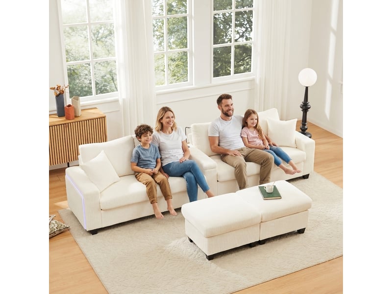 Canapé en u en velours côtelé beige 4 places, avec 2 poufs modulables, éclairage led, liseuse et ports usb pour grand salon moderne. - Conforama B