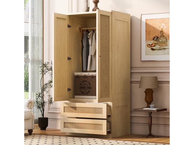  Armoire modenvie 2 portes avec 2 tiroirs et rangement 70 x 55 x 170 cm bois clair  - Conforama B
