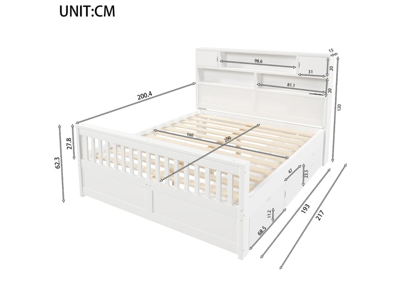 Lit blanc 160x200 cm en bois et mdf avec tête de lit bibliothèque, led, usb, rangements intégrés et quatre tiroirs - Conforama C