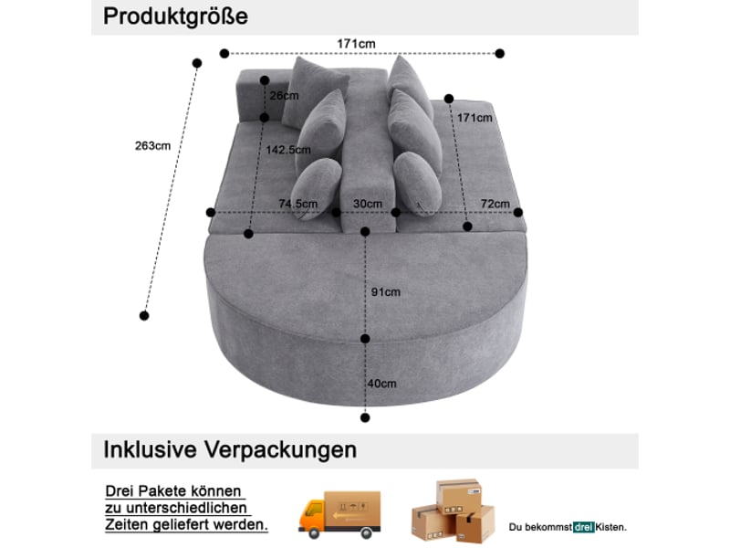  Canapé convertible, canapé 5 places avec 4 coussins carrés, 2 coussins ronds, en chenille, gris  - Conforama C