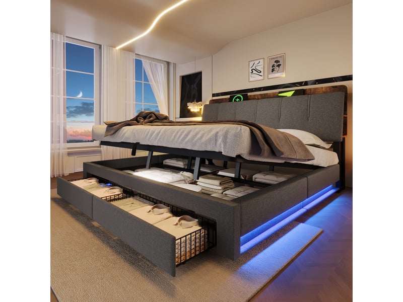  Lit coffre 180x200 cm, lit double, rangement hydraulique, led, usb et usb-c, lin gris  - Conforama W