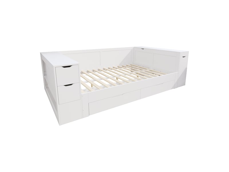  Lit en bois, lit enfant, lit coffre 140x200 cm, lit de jour, lit coffre multifonctionnel avec tiroirs, étagères et rangements, avec tables de chevet, idéal pour adolescents, sans matelas, blanc  - Conforama D