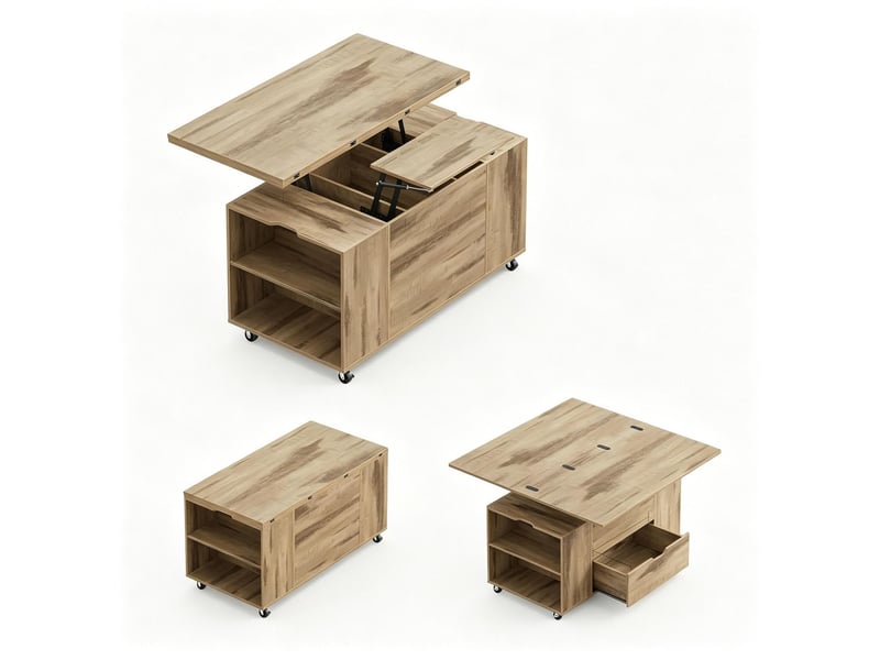  Table basse relevable table de salon mobile à roulettes verrouillables format compact plateau relevable usage bureau d'étude  - Conforama E