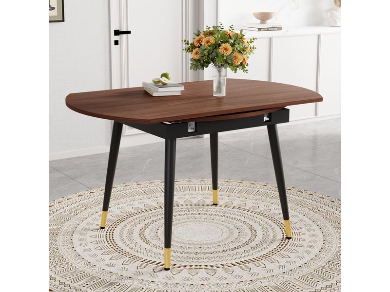  Table à manger extensible, table ronde à ovale, table salon design, plateau mdf, finition noyer, pieds métal dorés  - Conforama D