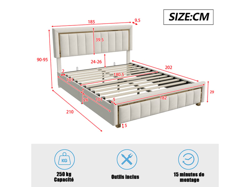  Dreammespace lit coffre 180x200 cm - lit king size avec grand rangement hydraulique et sommier, velours lignes dorées blanc crème DreamMespace - Conforama E