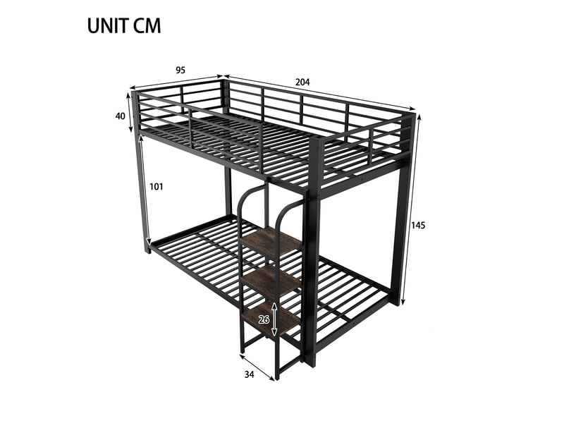  Lit superposé 90 × 200 cm en métal avec marches en bois, barrières de sécurité, chambre enfant et adolescent noir  - Conforama C