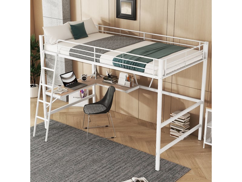  Lit mezzanine avec bureau en l et étagère, lit en métal 90x200 cm pour enfants et adultes, cadre robuste, sans matelas, blanc  - Conforama E