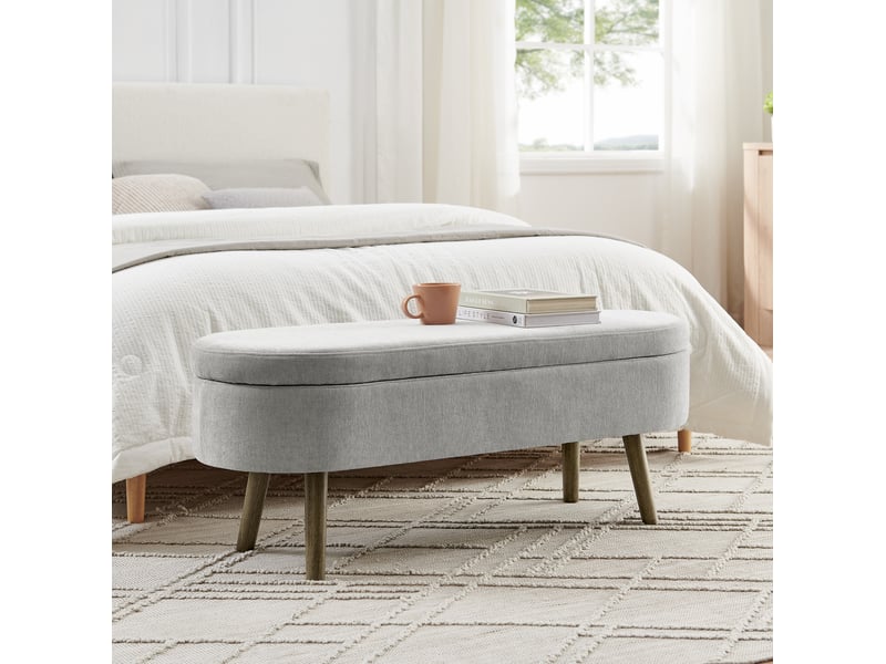  Banc de rangement 110x40x42 cm avec coffre 20 l, pieds en bois, pour chambre et salon, assise en tissu chenille, gris  - Conforama D