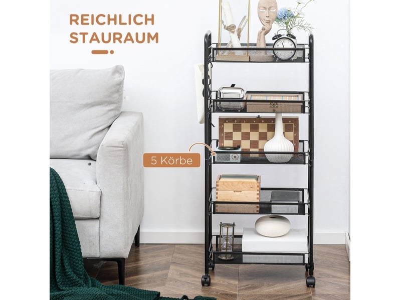  Desserte de cuisine 45x26,5x106 cm – noir – 5 paniers en acier, roulettes freinées et crochets amovibles  - Conforama B