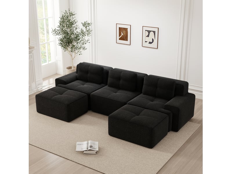  Canapé modulable en u 3 places en velours côtelé noir, confort profond et deux ottomans pour le salon  - Conforama B