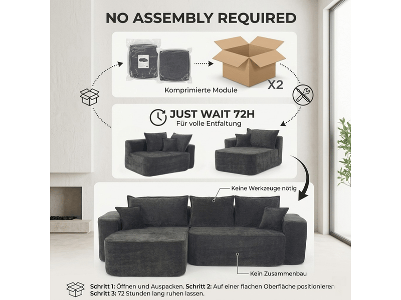  Canapé d'angle, canapé modulable, en chenille, assise profonde, style cloud, 264 cm, mobilier pour espace de vie, pour salon  - Conforama D