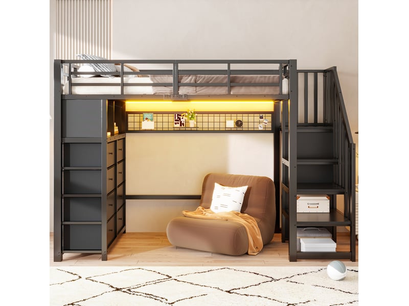  Lit mezzanine 90x200 cm avec rangements mdf et métal couleur noir  - Conforama B