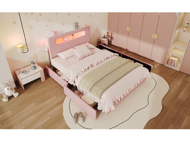  Lit enfant rembourré 140 x 200 cm rose, quatre tiroirs, tête de lit avec niches et éclairage led pilotable par application  - Conforama B