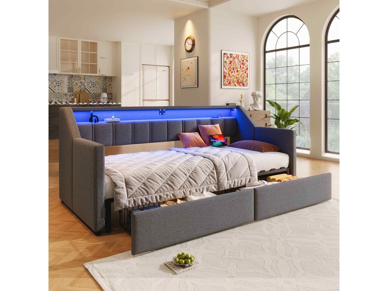 Lit de jour extensible multifonction gris 90x200 cm usb led tiroirs - Conforama B