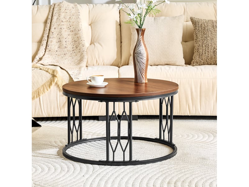  Table basse ronde 70x70x40,5 cm, décor bois, style moderne, meuble d'appoint, pratique, en mdf et métal, bois foncé  - Conforama D