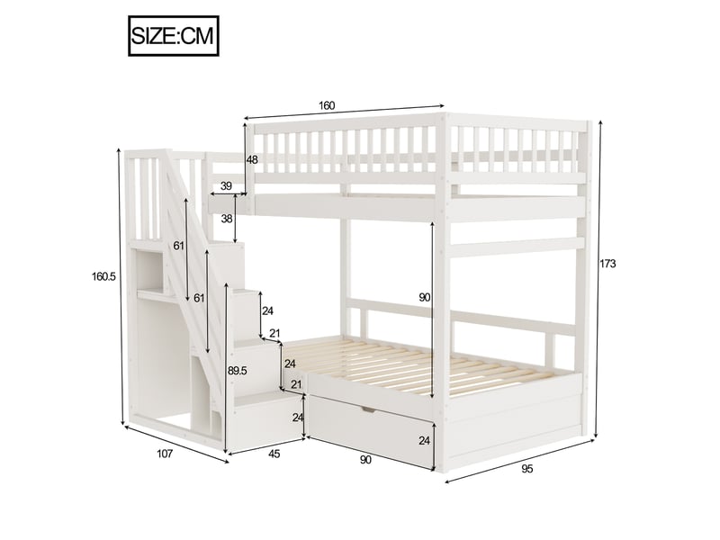 Lit superposé 90 x 200 cm, couchages superposés, escalier, tiroirs de rangement, sommier à lattes, pour la chambre, bois massif, blanc ABC - Conforama C
