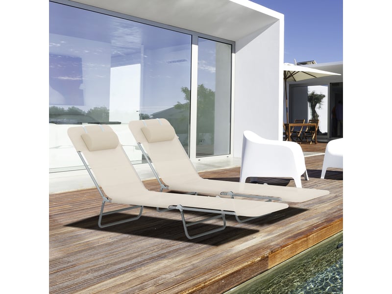  Ensemble de 2 chaises longues pliantes avec dossier inclinable à 4 positions, métal et tissu mesh, beige  - Conforama C