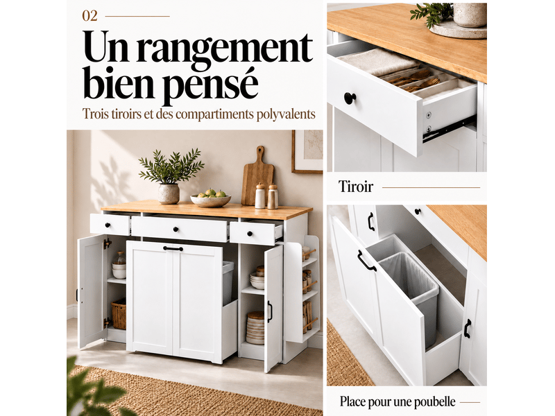  Bar 136x65x90 cm avec 4 tiroirs et 2 portes en mdf couelru blanc et naturel, design moderne  - Conforama E