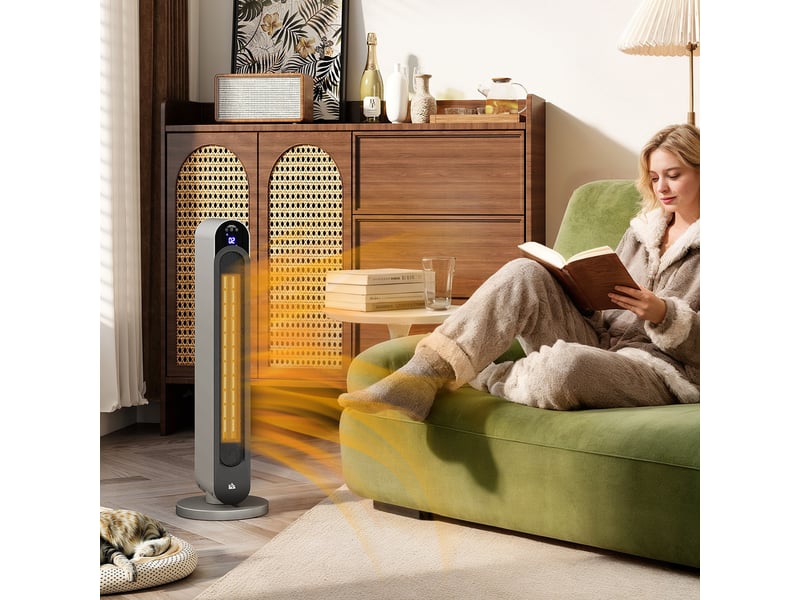 Radiateur colonne en céramique 11002200 w, télécommande, affichage led, minuterie et oscillation, ø 25 x 73,5 cm, argent et noir  - Conforama C