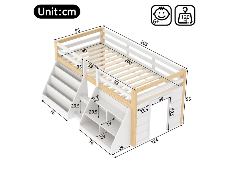  Lit mezzanine enfant 90x200cm en pin avec compartiments ouverts et led,lit superposé simple avec échelle et barrières de sécurité,sans matelas-blanc+naturel  - Conforama C