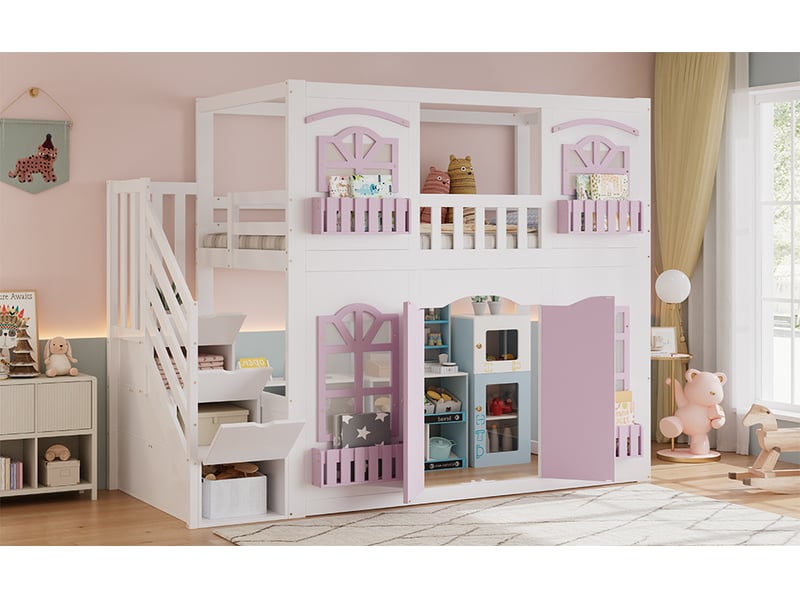 Lit cabane mezzanine enfant 90 x 200 cm blanc et rose, fenêtres acryliques, escalier de rangement et espace de jeu inférieur - Conforama B