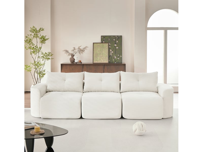  Canapé droit 3 places en velours côtelé beige crème, canapé modulable  - Conforama B