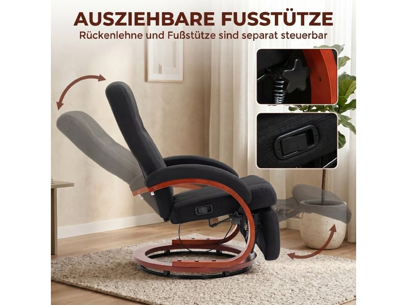 Fauteuil relax inclinable noir, dossier haut, repose-pieds et rotation 360°, en tissu aspect lin, pour salon et lecture - Conforama D