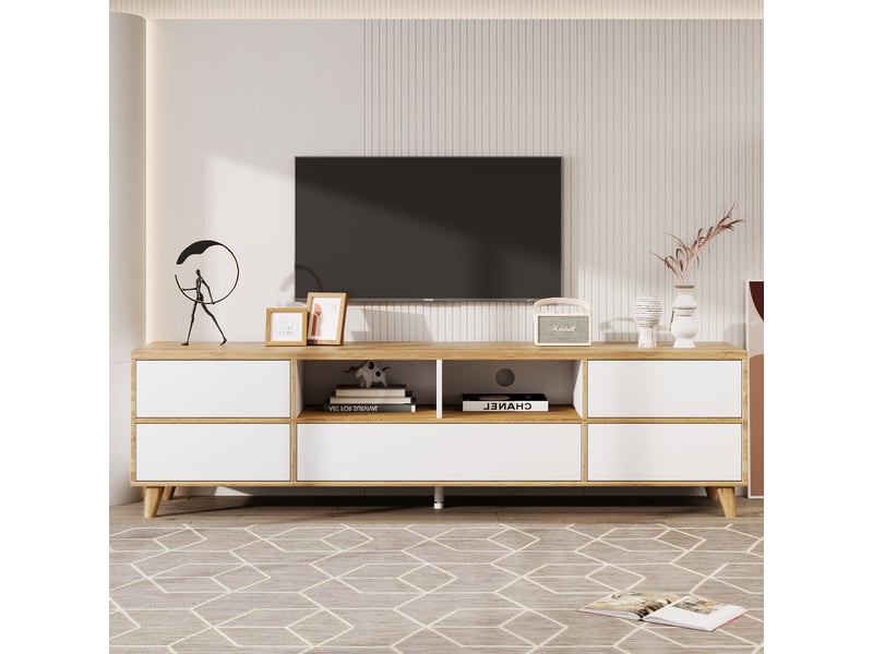  Meuble tv blanc bois 160x40x45 cm - portes et niches style campagne - lowboard salon  - Conforama B