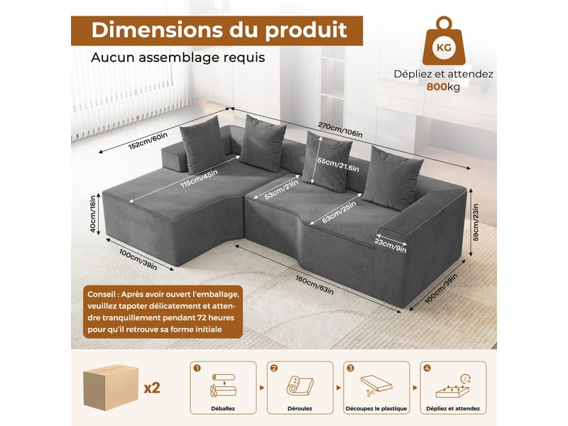  Canapé d'angle gauche modulaire 3 places compressé en velours côtelé,mousse haute densité,sans assemblage,canapé de salon,270x152x59cm,gris 270x152x59CM - Conforama E