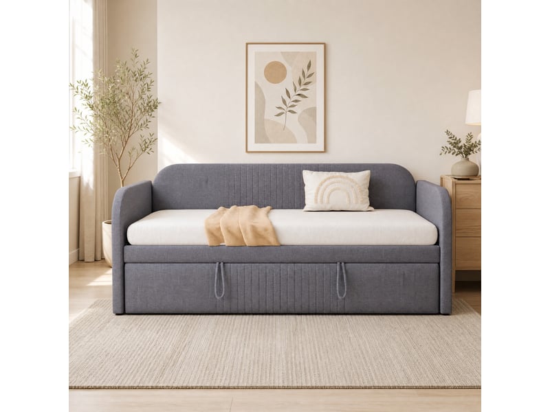  Lit banquette extensible 1 ou 2 places avec couchage 90x190 cm et 180x190 cm, sans matelas, gris  - Conforama B