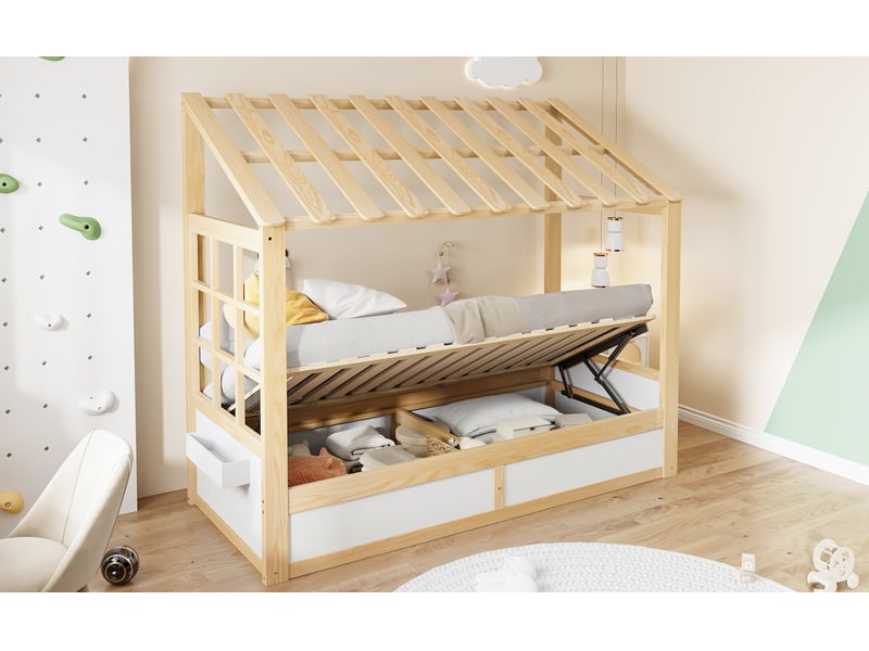 Lit cabane enfant 90 × 200 cm 1 place avec coffre hydraulique et rangements latéraux, sans matelas, blanc et bois - Conforama E
