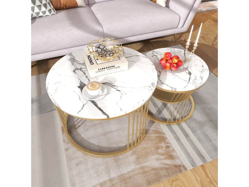 Ensemble de deux tables basses – table basse de salon – table basse – texture marbre blanc – piètement doré – design luxueux et discret - Conforama E