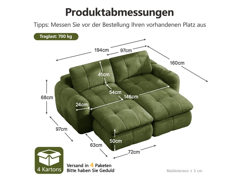  Canapé modulable 2 places avec 2 ottomans sans structure rigide en chenille vert  - Conforama C