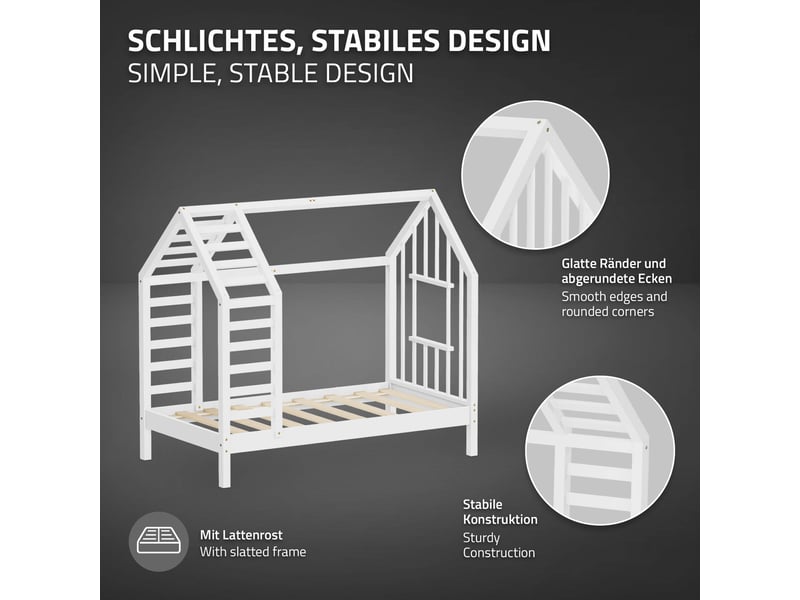  Ml-design lit cabane enfant avec matelas et sommier en bois de pin massif 70x140 cm, blanc, forme de maison avec toit et fenêtre, cadre montessori robuste pour filles et garçons, charge max. 80 kg ECD Germany GmbH - Conforama D
