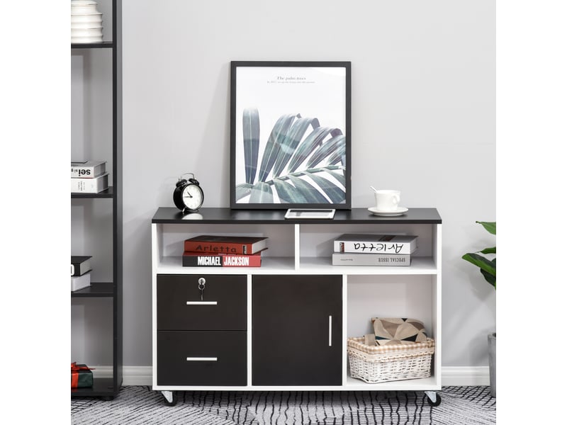  Meuble bureau auxiliaire, classeur roulettes, étagèrestiroirs, multifonctionnel, 100x35x65 cm, noirblanc.  - Conforama C