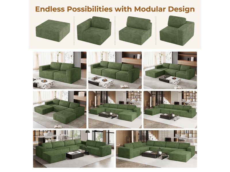 Canapé d'angle 4 places modulaire en velours côtelé avec 1 pouf,canapé compressé,sans assemblage,404x202x82cm,vert 404x202x82CM - Conforama R