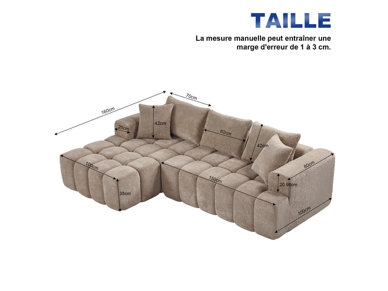  Canapé d’angle ulevr modulable avec méridienne gauche, velours kaki, 249,94 cm  - Conforama C