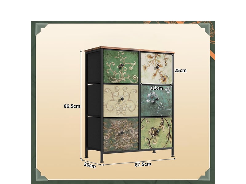  Commode de rangement, 67.5x30x86.5cm, 6 tiroirs en tissu, cadre en métal et plateau en bois, style rétro, multicolore  - Conforama E