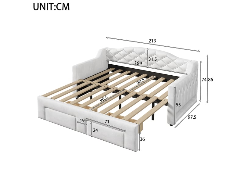  Modenvie banquette-lit gigogne 90x200180x200 cm - extensible, 2 tiroirs, led - blanc  - Conforama C