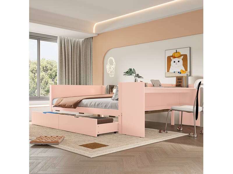 Lit 2 places 140x200 cm avec bureau, 2 tiroirs et étagères rose - Conforama B