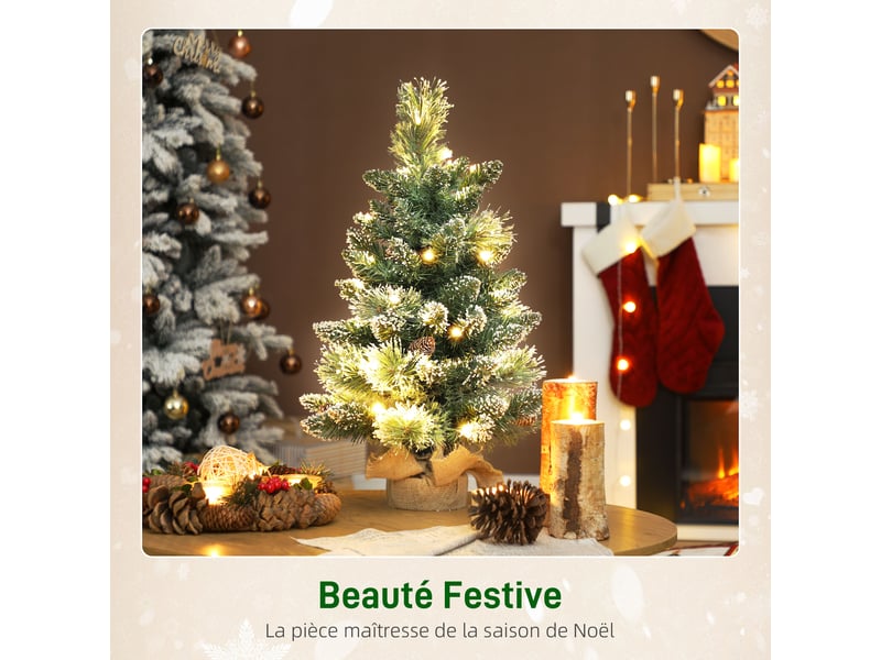  Sapin de noël artificiel 60 cm, mini arbre de noël de table floqué avec 35 led, pommes de pin, fonctionne à piles, vert  - Conforama D