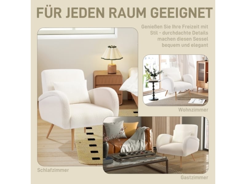  Fauteuil rembourré crème, revêtement polaire, coussin lombaire, pieds métal, fauteuil de lecture  - Conforama D