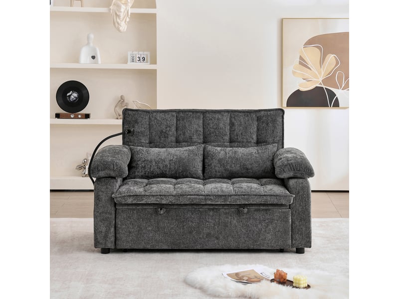  Canapé convertible 3-en-1 142 x 90 x 87 cm avec assise moelleuse, 2 coussins lombaires, tablette et porte-gobelet, chenille, gris OMNIGLINT TRADING LTD - Conforama C