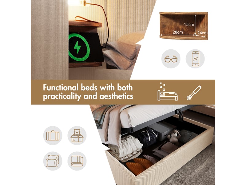  Lit coffre double 160x200 cm avec sommier, tête de lit étagère, liseuse led et ports usb, velours côtelé, beige et blanc  - Conforama D