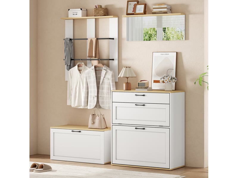  Ensemble vestiaire modulable 156x36x176 cm, meuble à chaussures, miroir, tringles, mdf, blanc et bois naturel  - Conforama B