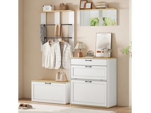 Ensemble vestiaire modulable 156x36x176 cm, meuble à chaussures, miroir, tringles, mdf, blanc et bois naturel