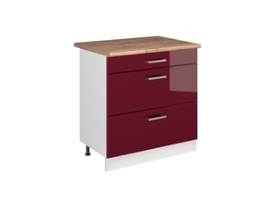 Vicco meuble cuisine, rouge brillantblanc, 80cm avec 3 tiroirs plan de travail chêne doré