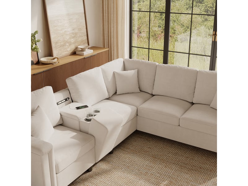  Canapé d'angle l 5 places, avec console rangement, porte-gobelets, usbtype-c, liseuse, 235x208x83 cm, beige, tissu chenille  - Conforama D