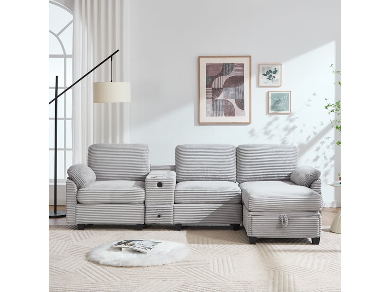  Canapé 3 places gris clair en velours côtelé avec usb-c 266 cm et ottomane de rangement mobile  - Conforama E