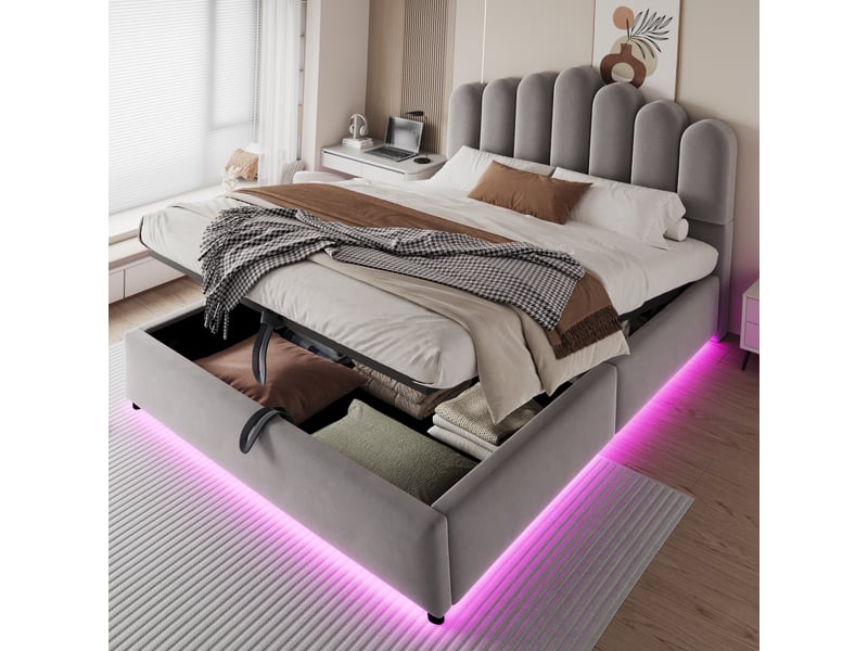  Lit coffre 140 × 200 cm, rangement hydraulique, tête capitonnée, led multicolore, sommier à lattes, velours gris  - Conforama D